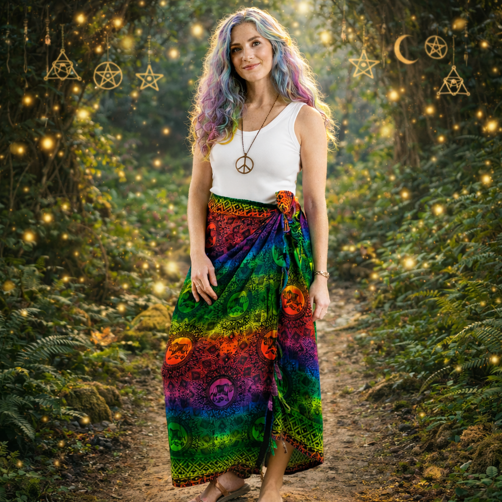 Rainbow print rayon sarong elephant mandala handmade Thailand