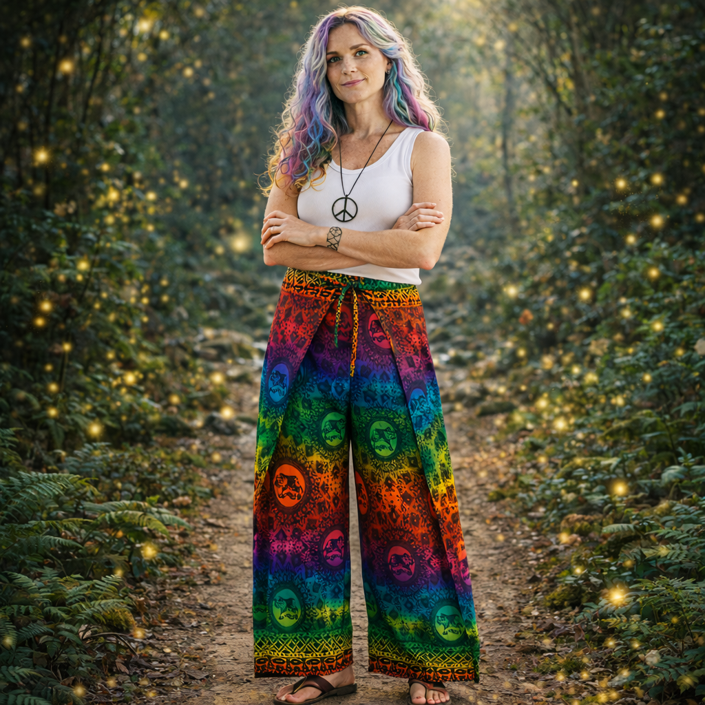 Rainbow Print Tie Waist Rayon Trousers Elephant Festival Pants

Peacock print rayon palazzo trousers handmade in Thailand. Lightweight, flowing festival, travel and meditation pants.
