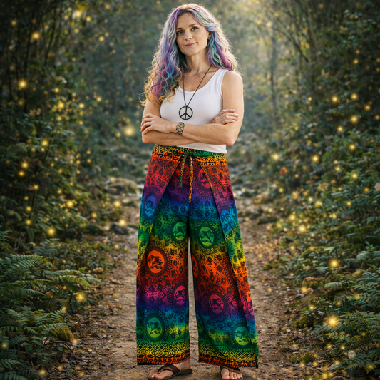 Rainbow Print Tie Waist Rayon Trousers Elephant Festival Pants

Peacock print rayon palazzo trousers handmade in Thailand. Lightweight, flowing festival, travel and meditation pants.