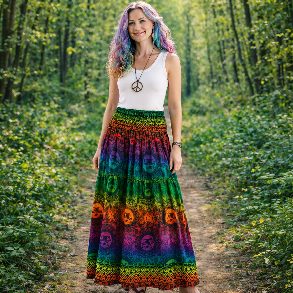 Rainbow print rayon long skirt with elephant mandala design. Freesize festival skirt handmade in Thailand for travel and summer wear.
