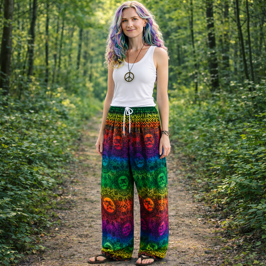 Rainbow Print Tie Waist Rayon Trousers – Elephant Mandala Festival Pants