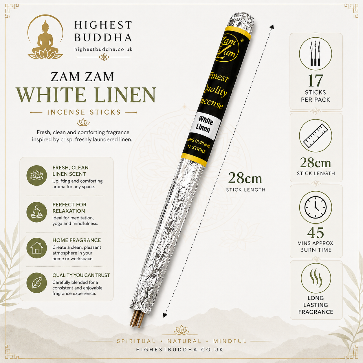 Bring a fresh, clean and comforting aroma into your home with Zam Zam White Linen Incense Sticks. Inspired by the crisp fragrance of freshly laundered linen, White Linen creates a pleasant and uplifting atmosphere that is perfect for everyday use.