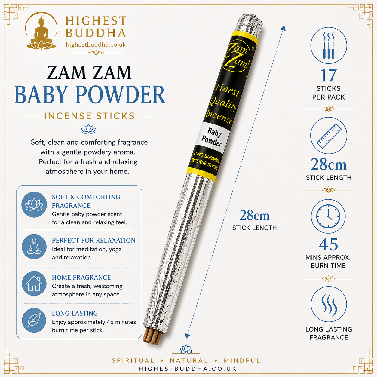 Enjoy the soft, clean and comforting aroma of Zam Zam Baby Powder incense. Its gentle powdery fragrance creates a fresh and relaxing atmosphere, making it ideal for everyday home fragrance, relaxation or quiet moments.

Each pack contains 17 long-burning incense sticks.
