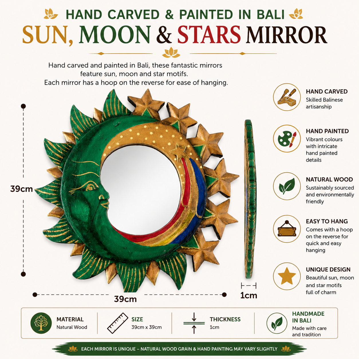 These Celestial Moon and Stars Mirrors are handcrafted and painted in Indonesia. The distinctive sun, moon, and star motifs create a unique aesthetic, while the hoop on the reverse provides easy and secure hanging. Each mirror also has slight variations in color due to the handmade nature of the item, making every piece one of a kind. Its size, approximately 39 centimeters in diameter, makes it perfect for any home.
