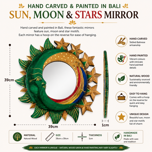 These Celestial Moon and Stars Mirrors are handcrafted and painted in Indonesia. The distinctive sun, moon, and star motifs create a unique aesthetic, while the hoop on the reverse provides easy and secure hanging. Each mirror also has slight variations in color due to the handmade nature of the item, making every piece one of a kind. Its size, approximately 39 centimeters in diameter, makes it perfect for any home.