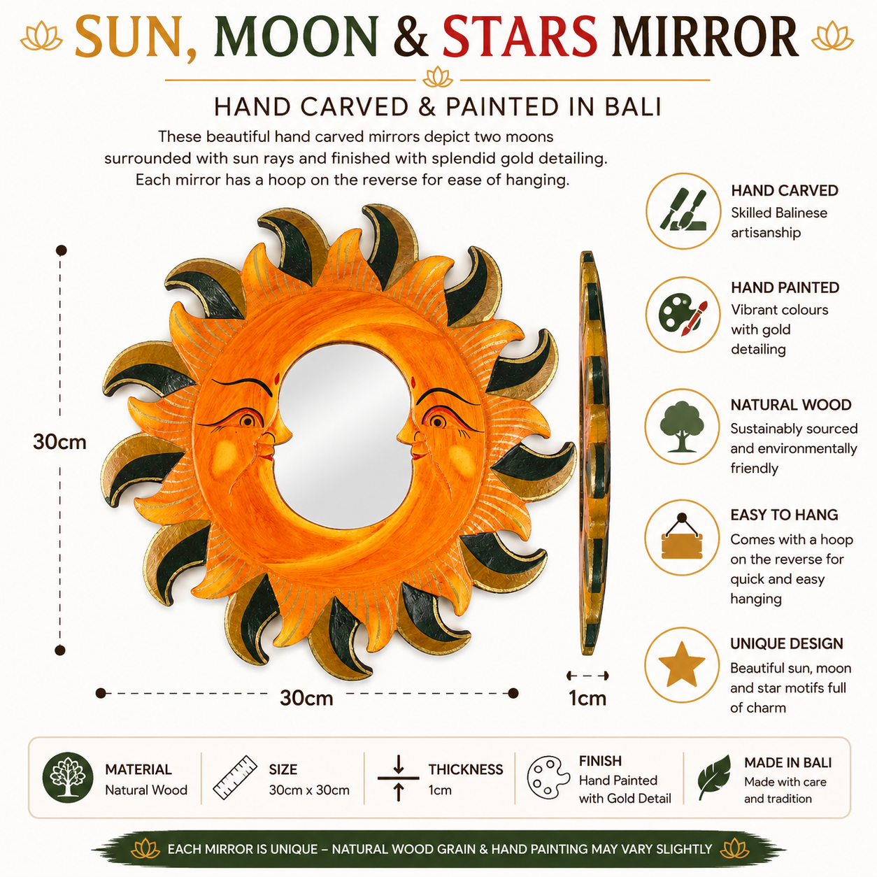 This exquisitely hand-carved mirror displays two moons within sunrays and is finished with sumptuous gold embellishments. A hoop on the reverse side promotes easy wall-hanging and the piece is certified Fairtrade, expertly handcrafted in Indonesia.
