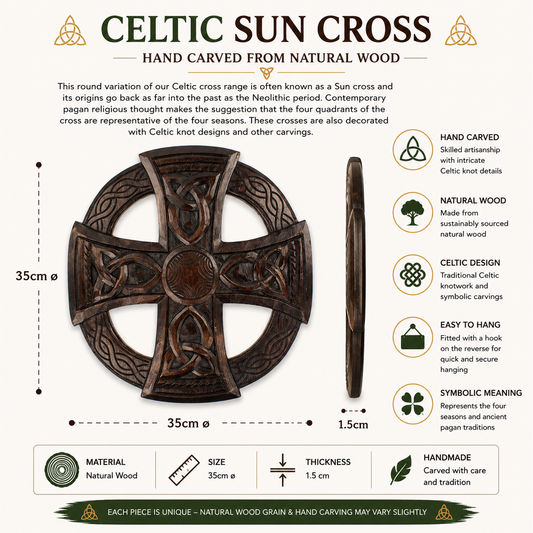 This lovely round variation of a Celtic cross is often known as a Sun cross and its origins go back as far into the past as the Neolithic period.

Contemporary pagan religious thought makes the suggestion that the four quadrants of the cross are representative of the four seasons. These crosses are also decorated with Celtic knot designs and other carvings.

Size: Approx: 35cm ∅
Handmade and Fairtrade from Indonesia.