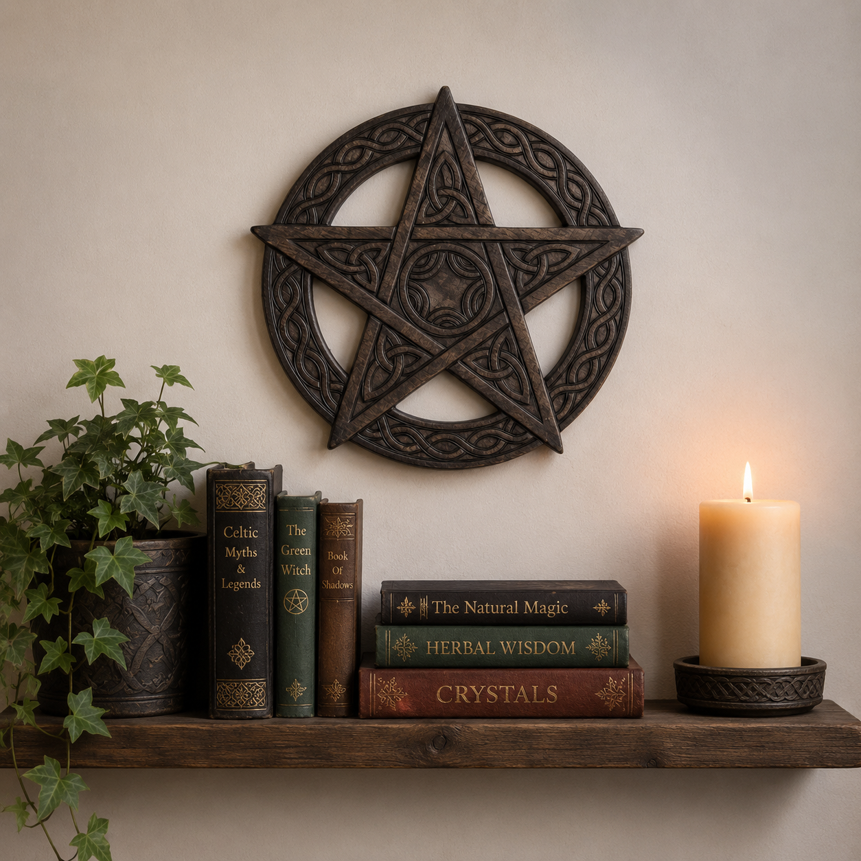 Large Celtic Pentacle Wall Plaque with Triquetra Knots

Large Celtic pentacle wall plaque with triquetra knots. Handmade fairtrade ritual symbol for protection, balance, and elemental harmony.