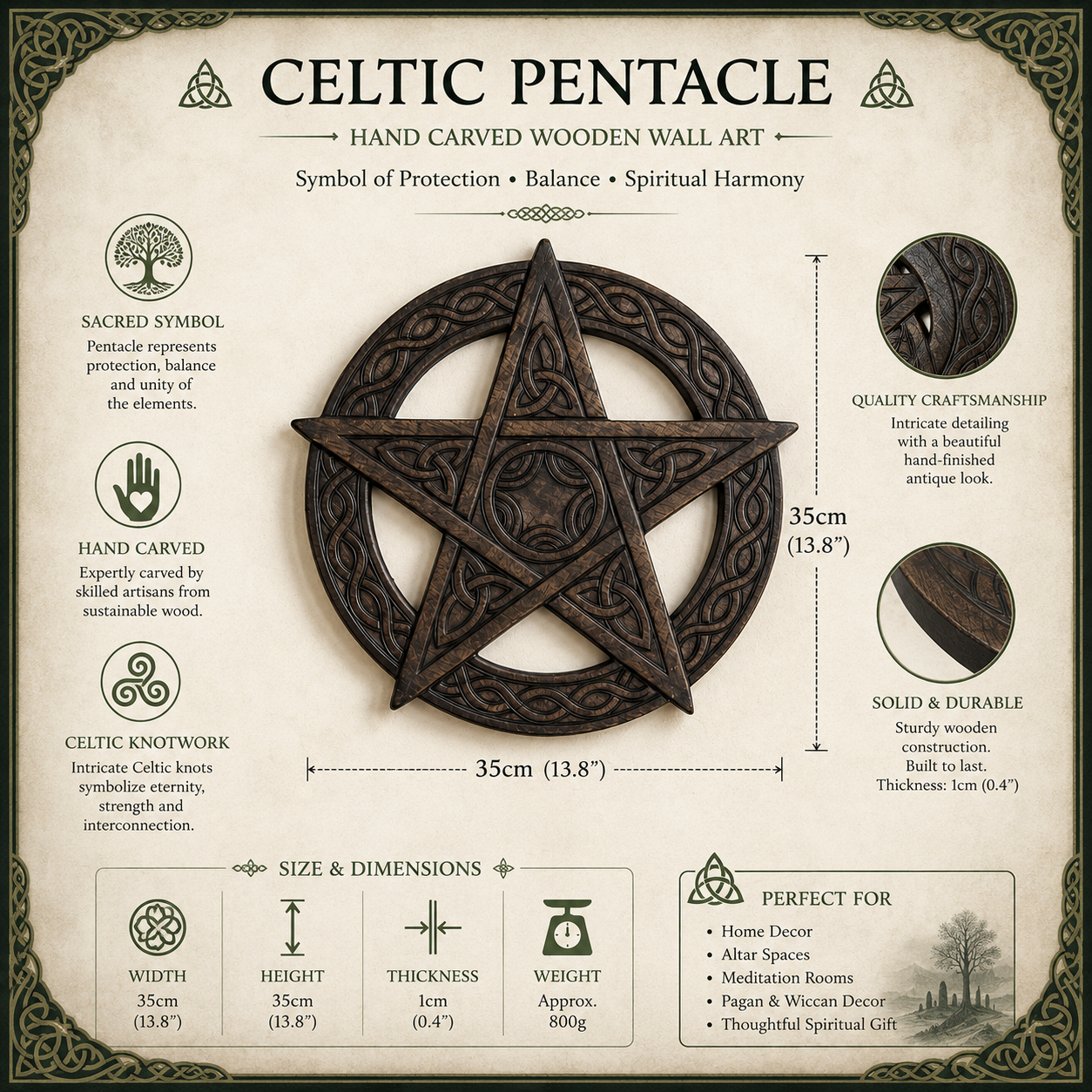 Large Celtic Pentacle Wall Plaque with Triquetra Knots

Large Celtic pentacle wall plaque with triquetra knots. Handmade fairtrade ritual symbol for protection, balance, and elemental harmony.