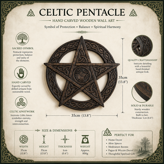 Large Celtic Pentacle Wall Plaque with Triquetra Knots

Large Celtic pentacle wall plaque with triquetra knots. Handmade fairtrade ritual symbol for protection, balance, and elemental harmony.