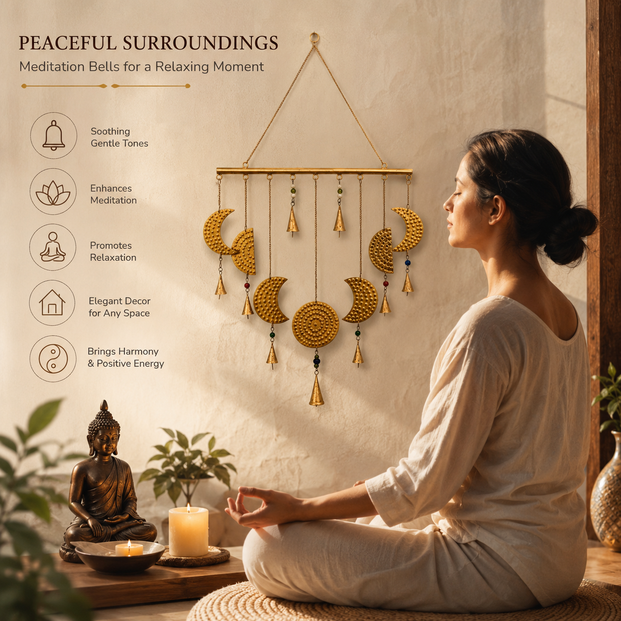 Add a little celestial beauty to your home with this unique brass Moon Phases Chimes. Made in India, it showcases the phases of the moon in stunning brass, making it a striking piece for any space. Featuring intricate designs of each lunar phase, symbolizing the cycle of life and renewal. The addition of brass bells enhances the charm, creating soft, soothing sounds that flow with the wind. Ideal for anyone who appreciates the magic of the moon and the natural world. Whether hung indoors or outdoors, it’s p
