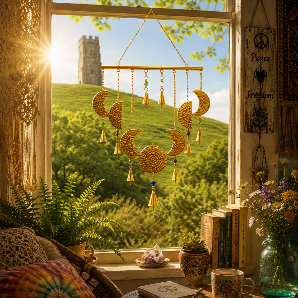 Add a little celestial beauty to your home with this unique brass Moon Phases Chimes. Made in India, it showcases the phases of the moon in stunning brass, making it a striking piece for any space. Featuring intricate designs of each lunar phase, symbolizing the cycle of life and renewal. The addition of brass bells enhances the charm, creating soft, soothing sounds that flow with the wind. Ideal for anyone who appreciates the magic of the moon and the natural world. Whether hung indoors or outdoors, it’s p