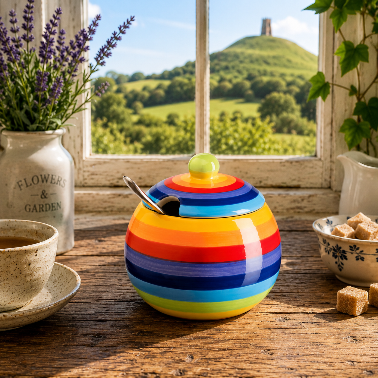 Hand Painted Rainbow Stripe Ceramic Sugar Bowl