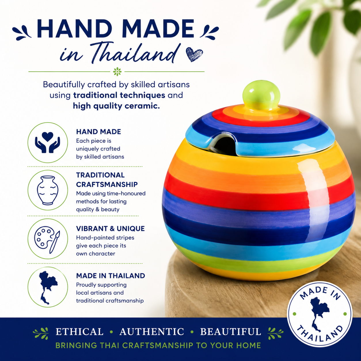 Shop the Rainbow Stripe Ceramic Sugar Bowl, handmade and Fairtrade from Thailand. Vibrant hand-painted stripes, 10x8cm size, dishwasher & microwave safe. Unique and colorful!