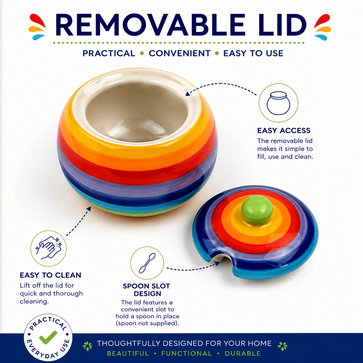 Shop the Rainbow Stripe Ceramic Sugar Bowl, handmade and Fairtrade from Thailand. Vibrant hand-painted stripes, 10x8cm size, dishwasher & microwave safe. Unique and colorful!