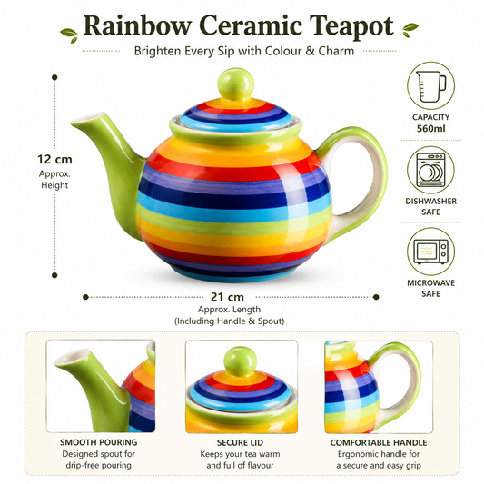Hand Painted Rainbow Teapot 2 Cup Fair Trade Ceramic

Hand painted rainbow ceramic teapot handmade in Thailand. Fair trade 2 cup teapot perfect for colourful tea rituals and daily use.