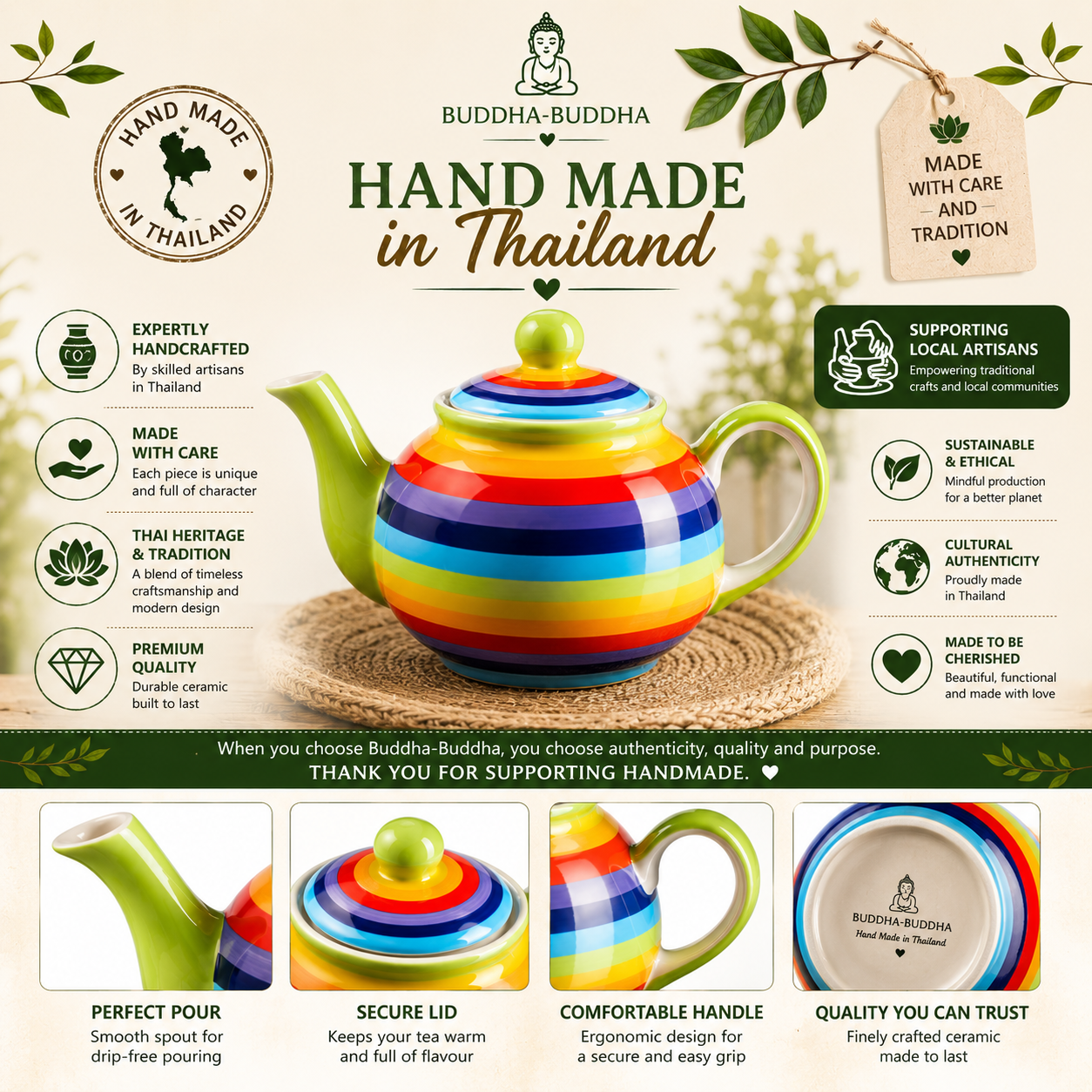 Hand Painted Rainbow Teapot 2 Cup Fair Trade Ceramic

Hand painted rainbow ceramic teapot handmade in Thailand. Fair trade 2 cup teapot perfect for colourful tea rituals and daily use.
