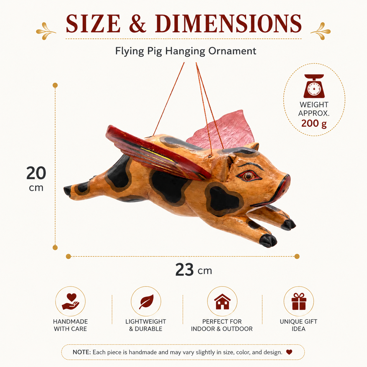 This charming piggy from Bali is categorized as a "Flying Winged Spirit Guardian," also known as a "Cradle Guardian." It is commonly displayed in temples and homes, and hung in elevated areas to repel negative entities. Sometimes, it is purposefully positioned facing downward towards a doorway or window.

They have a strong twine with loop for easy hanging. They are wonderfully traditional pieces of Balinese culture have spiritual significance.