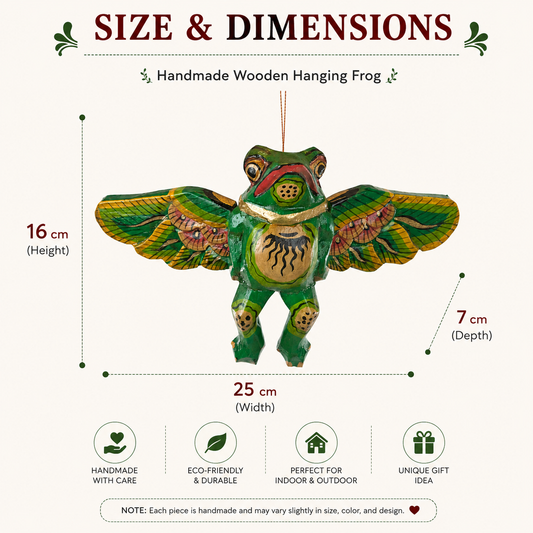 The Flying Frog Mobile is a beautiful and traditional piece of Balinese culture, featuring auspicious frogs that symbolize rain, fertility, and good fortune. Its rich colors and gold detailing make it a stunning addition to any space. Its strong twine and loop allow for easy hanging, and its winged spirit guardians are often used to ward off evil spirits in temples or homes.