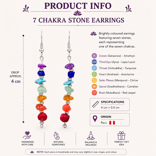 These brightly coloured earrings are made from seven gemstones, each representing one of the seven chakras.&nbsp; Ideal for adding to your boho look and keeping you balanced.

Size: Approx. 4cm drop,&nbsp; The hooks are sterling silver
