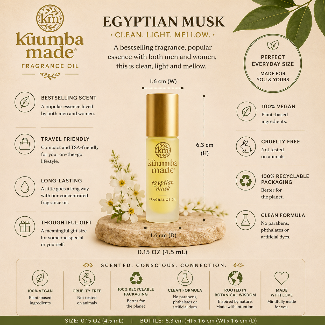Kuumba Made Egyptian Musk Fragrance Oil is a timeless, sensual scent rooted in ritual, stillness, and sacred presence. Light yet deeply evocative, this universally loved fragrance carries soft notes of fresh water and sanctifying sandalwood, creating a clean, skin-warmed aroma that feels both ancient and intimate. Egyptian Musk has long been associated with grounding, attraction, and spiritual purification, making it ideal for daily wear, meditation, or ritual anointing.