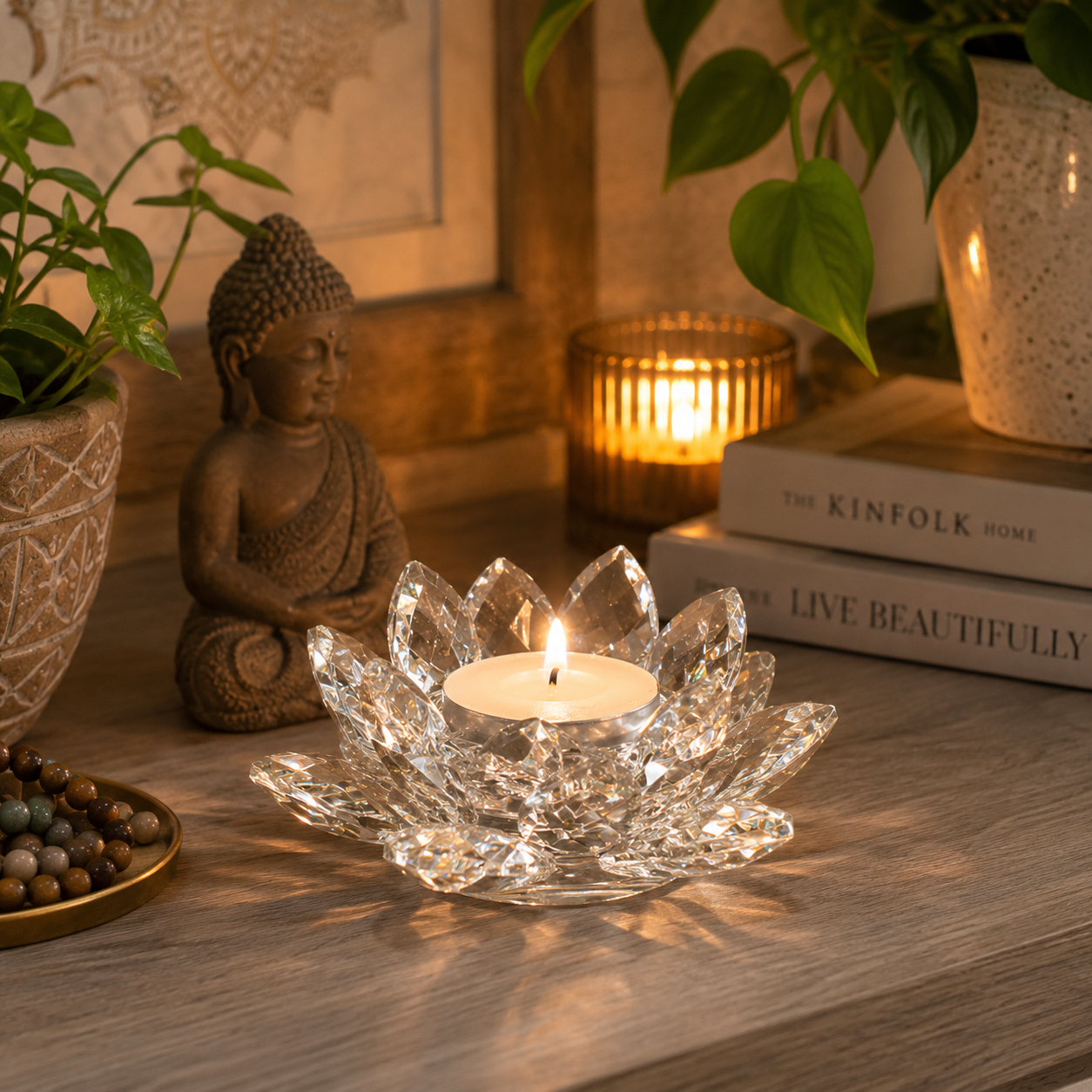 This beautiful and elegant lotus shaped tea-light holder is made of crystal. It fits tea-light and soy candles and gives any room a lovely red glow when lit. The Lotus symbolises the transformation from darkness into light, from ignorance into clarity.

Size: 11cm x 5cm x 5cm

Please remember: never leave burning candles unattended.