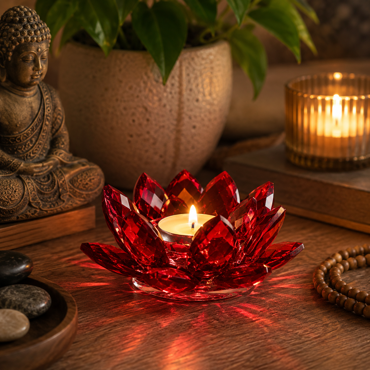 Bring warmth, elegance, and spiritual symbolism into your home with this stunning Red Crystal Lotus Tealight Candle Holder. Beautifully crafted in the shape of a lotus flower, this decorative candle holder is made from sparkling crystal that catches and reflects light beautifully.