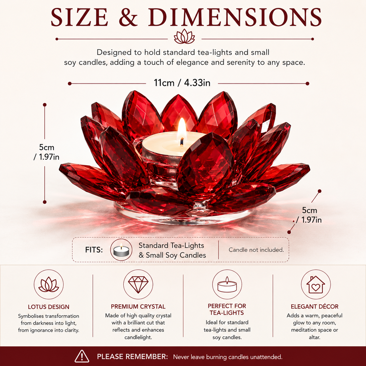 Bring warmth, elegance, and spiritual symbolism into your home with this stunning Red Crystal Lotus Tealight Candle Holder. Beautifully crafted in the shape of a lotus flower, this decorative candle holder is made from sparkling crystal that catches and reflects light beautifully.