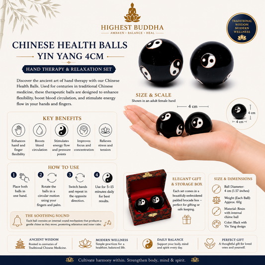 Discover the ancient art of hand therapy with our Chinese Health Balls. Used for centuries in traditional Chinese medicine, these therapeutic balls are designed to enhance flexibility, boost blood circulation, and stimulate energy flow in your hands and fingers.

Simply rotate the pair in one hand to massage your palm and activate pressure points, promoting a holistic sense of well-being. Switch hands and directions regularly to balance your energy and improve concentration. Each ball emits a gentle chime f