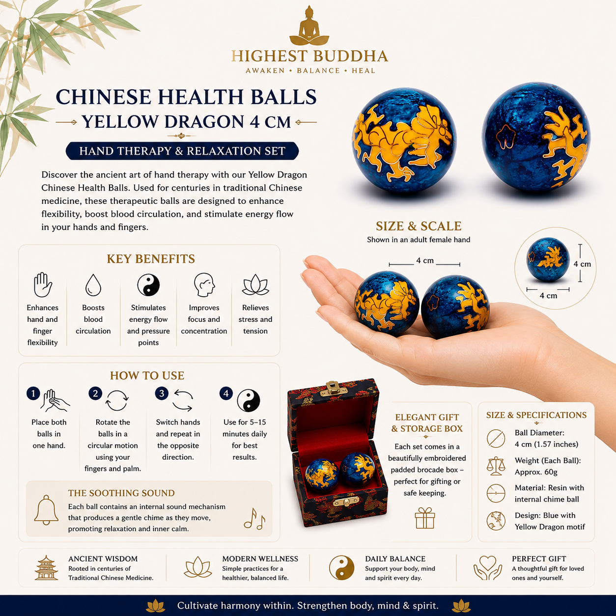 Discover the ancient art of hand therapy with our Chinese Health Balls. Used for centuries in traditional Chinese medicine, these therapeutic balls are designed to enhance flexibility, boost blood circulation, and stimulate energy flow in your hands and fingers.