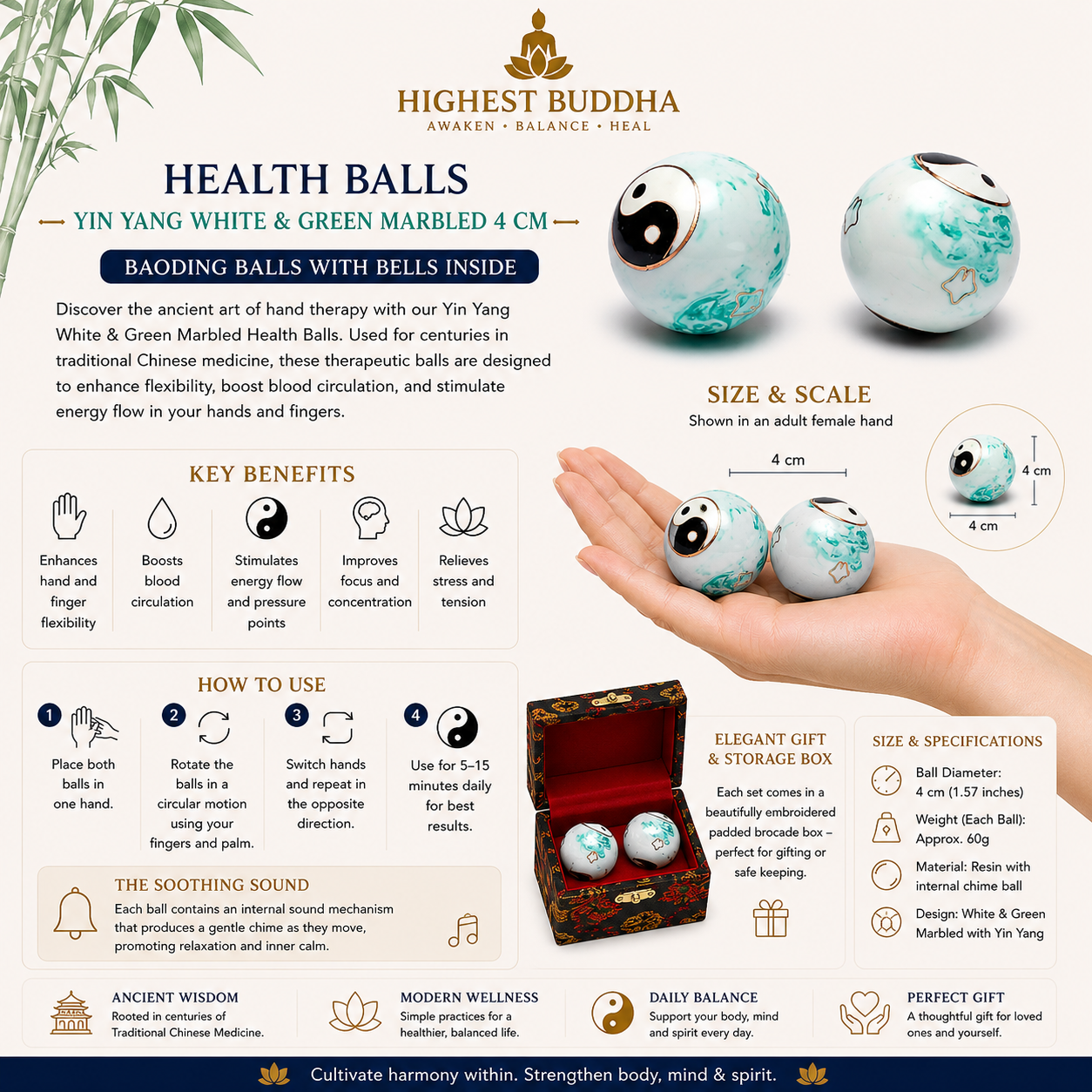 Traditional Chinese health balls designed to stimulate energy points in your palms and improve hand flexibility. Each 4 cm chrome-plated steel ball features a gentle sound mechanism. Rolling them alternately in your hands massages your palms while promoting circulation and concentration. Comes as a set of two in a padded silk brocade box. Easy to maintain with light oil or wax. Available in various colour boxes—message us with your preference before ordering.