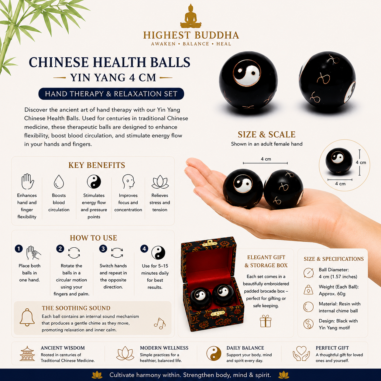 Discover the ancient art of hand therapy with our Chinese Health Balls. Used for centuries in traditional Chinese medicine, these therapeutic balls are designed to enhance flexibility, boost blood circulation, and stimulate energy flow in your hands and fingers.

Simply rotate the pair in one hand to massage your palm and activate pressure points, promoting a holistic sense of well-being. Switch hands and directions regularly to balance your energy and improve concentration. Each ball emits a gentle chime f