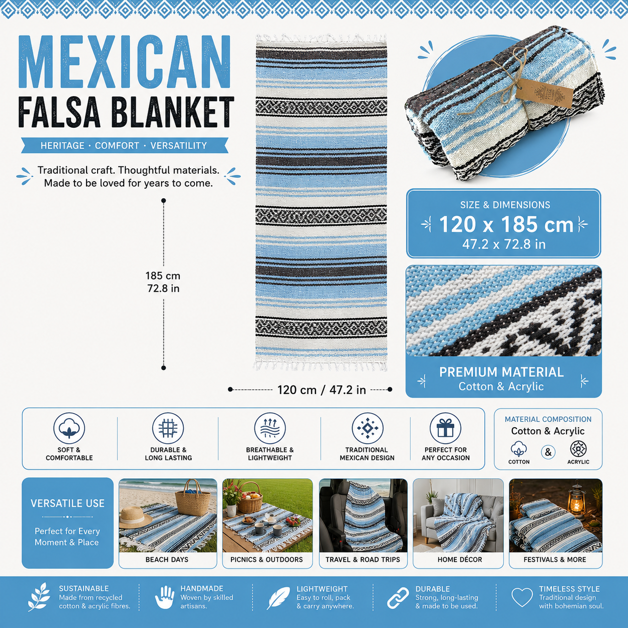 Hand loomed Mexican falsa blankets are available in a variety of colours. These wonderful, functional craft items are used for a variety of purposes, a simple cozy blanket, a yoga or meditation mat.

Made from Recycled Yarn
Traditional Mexican Craft
Ideal Festival Blanket

Approx.: 120cm × 185cm