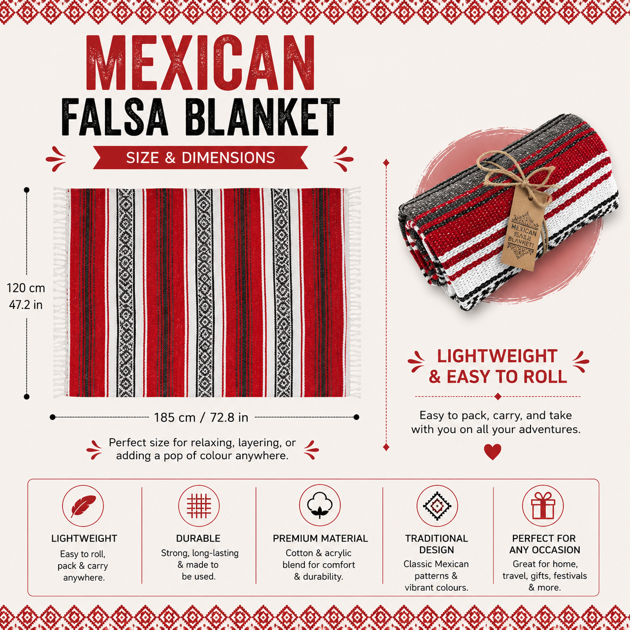 Experience the timeless charm and functionality of hand-loomed Mexican Falsa blankets. Crafted with care from recycled yarn, these vibrant and durable blankets are a perfect blend of tradition and versatility. Available in a variety of colors, they add a cozy touch to your home or outdoor adventures. Whether used as a snug throw, a yoga or meditation mat, or a festival essential, these blankets are as practical as they are beautiful. Lightweight yet durable, they make an eco-friendly and stylish addition to