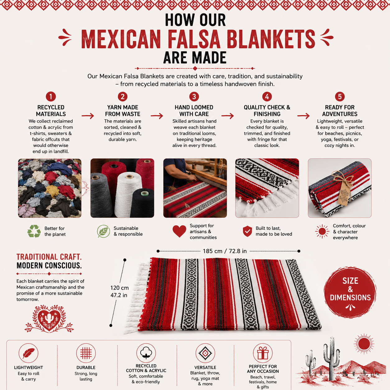 Experience the timeless charm and functionality of hand-loomed Mexican Falsa blankets. Crafted with care from recycled yarn, these vibrant and durable blankets are a perfect blend of tradition and versatility. Available in a variety of colors, they add a cozy touch to your home or outdoor adventures. Whether used as a snug throw, a yoga or meditation mat, or a festival essential, these blankets are as practical as they are beautiful. Lightweight yet durable, they make an eco-friendly and stylish addition to