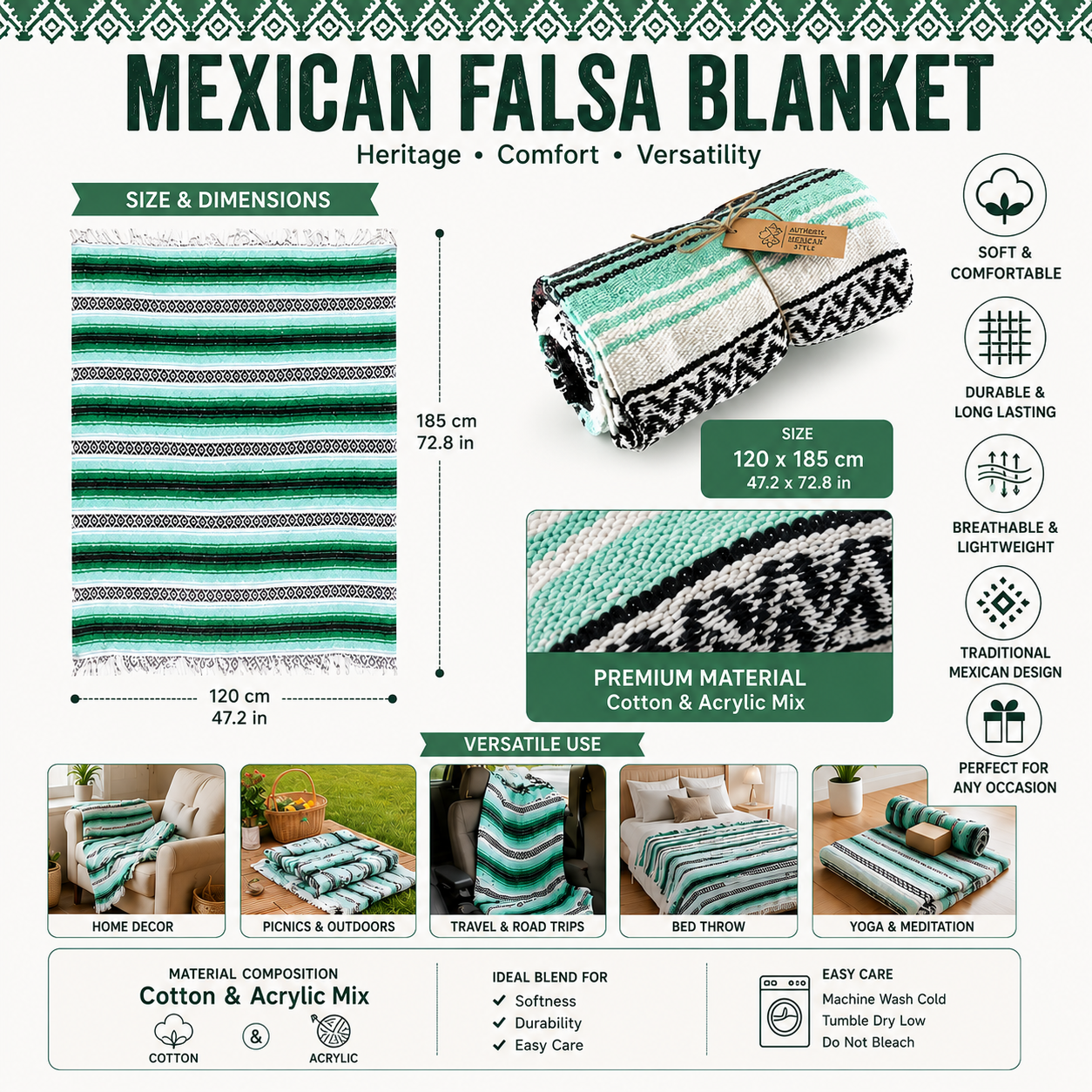 Hand loomed&nbsp;Mexican falsa blankets are available&nbsp;in a variety of colors. These wonderful, functional craft items&nbsp;are&nbsp;used for a variety of purposes,&nbsp;a simple cozy blanket, a yoga or meditation mat.