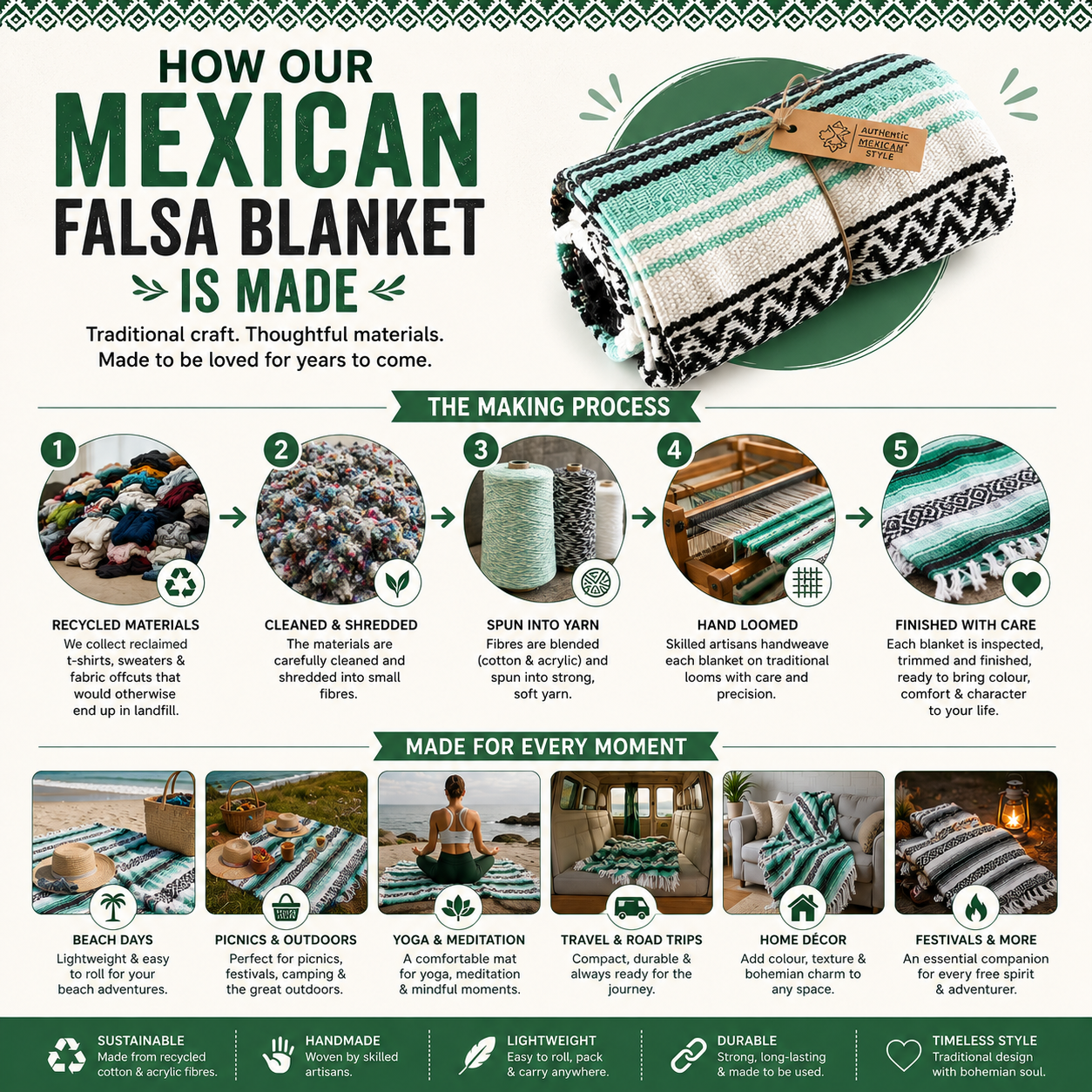 Hand loomed&nbsp;Mexican falsa blankets are available&nbsp;in a variety of colors. These wonderful, functional craft items&nbsp;are&nbsp;used for a variety of purposes,&nbsp;a simple cozy blanket, a yoga or meditation mat.