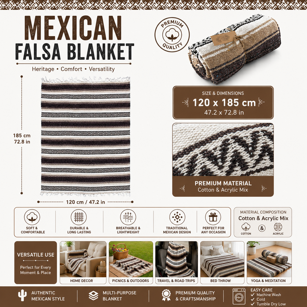 Mexican Falsa Blanket – Coffee | Recycled & Hand Loomed Throw

Traditional Mexican Falsa blanket in coffee. Hand-loomed, recycled yarn. Perfect for festivals, yoga, or cozying up. Ethically made.