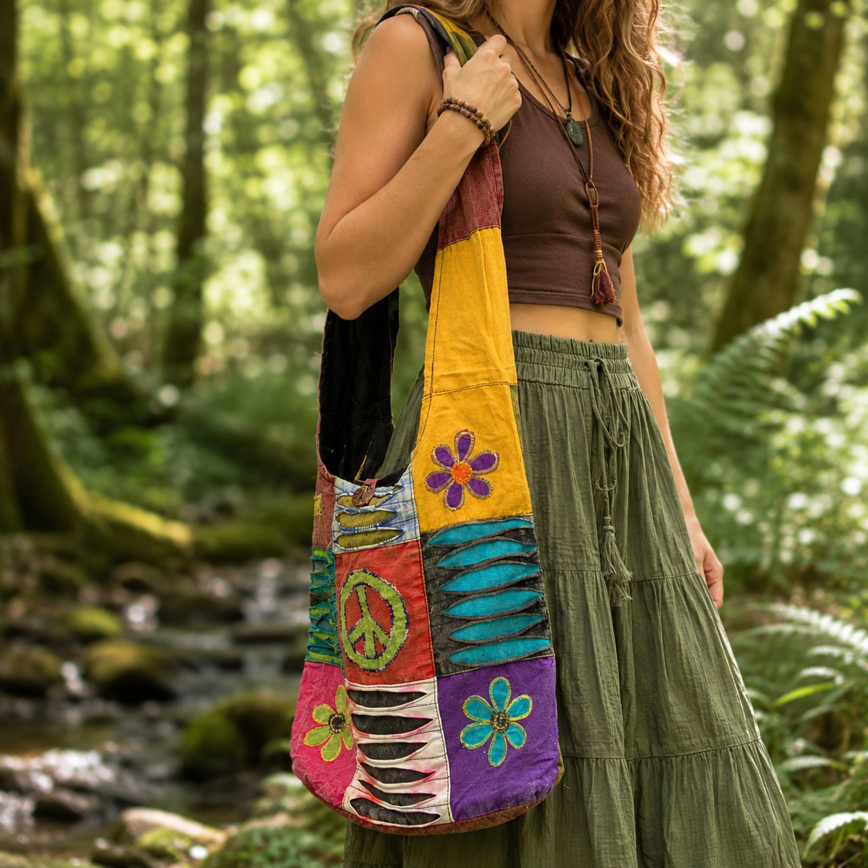 This lovely colourful bag has a hippy design with CND and flower patches. The inside of the spacious shoulder bag is lined with black cotton and there is also a convenient pouch on the strap to pop your phone. The top is secured with a coconut button. These lovely bags are made using up scraps of fabric that would otherwise be wasted. This means that each item is unique.