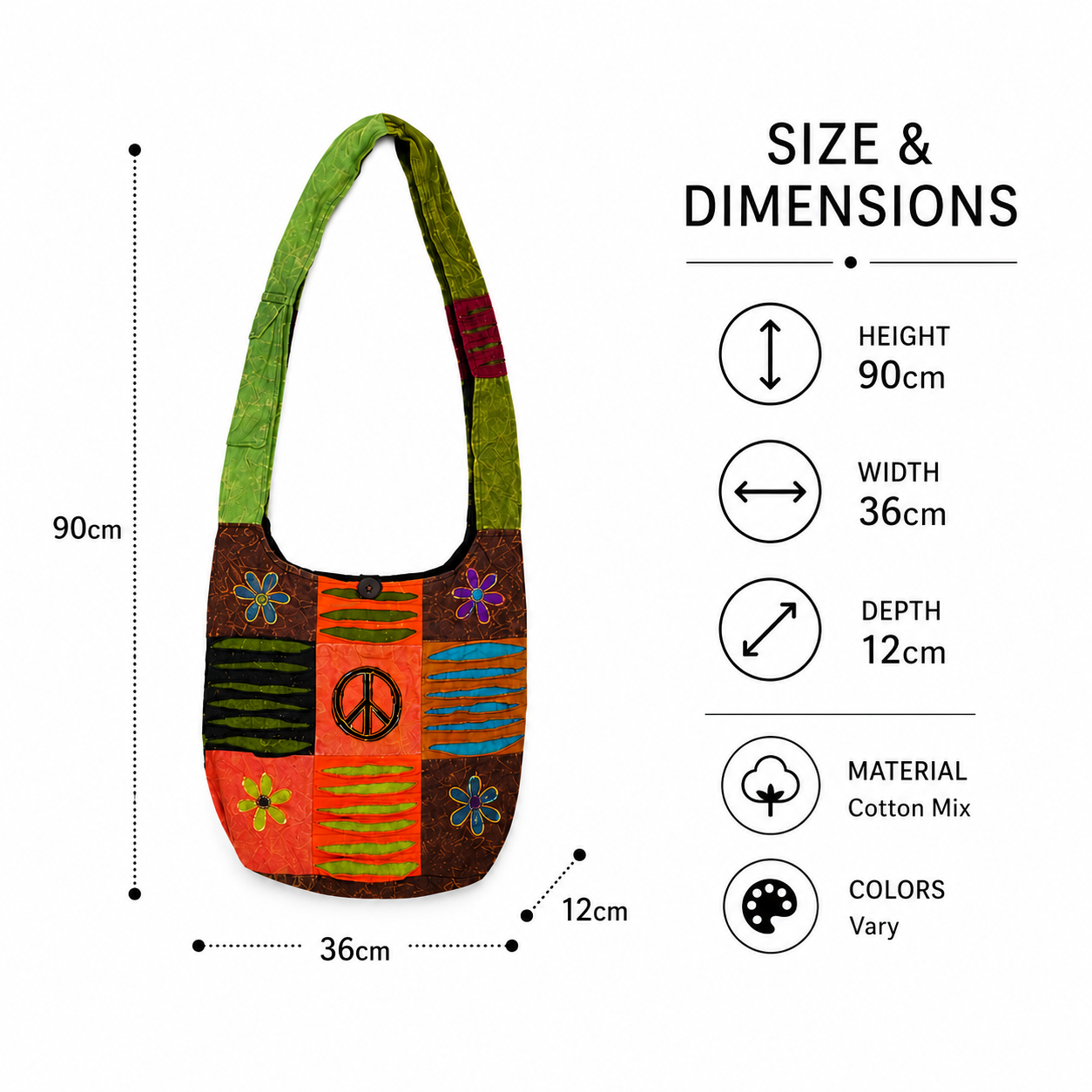 This lovely colourful bag has a hippy design with CND and flower patches. The inside of the spacious shoulder bag is lined with black cotton and there is also a convenient pouch on the strap to pop your phone. The top is secured with a coconut button. These lovely bags are made using up scraps of fabric that would otherwise be wasted. This means that each item is unique.