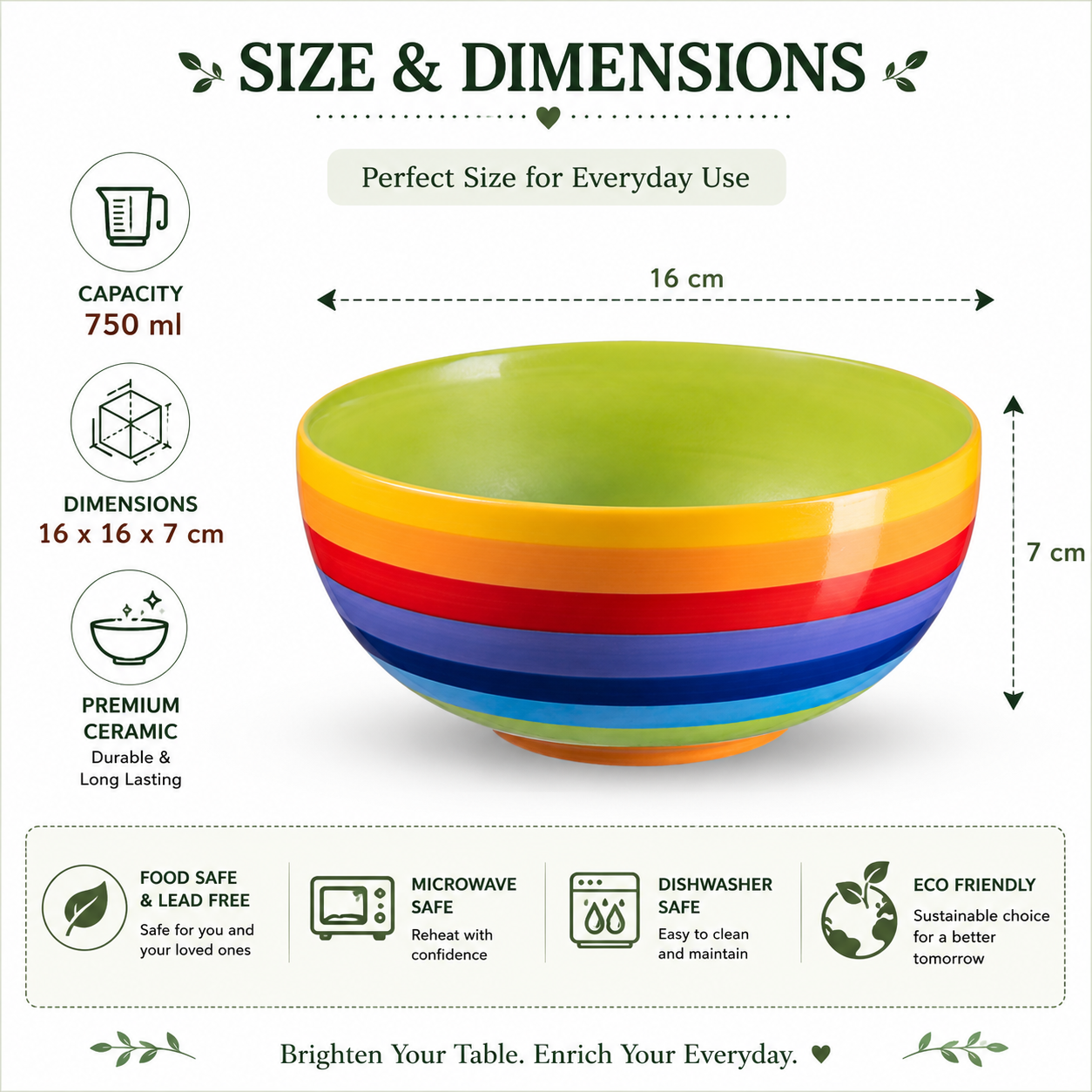 Wonderfully cheerful, happy and bright, this rainbow stripe ceramic bowl brightens up any home. The vibrant stripes are hand painted giving each piece individual character. Size: 15 x 7cmHandmade and Fairtrade from ThailandDishwasher and Microwave safeNote: As these bowls are hand painted slight variations in pattern and colour can occur.