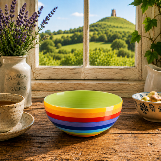 Wonderfully cheerful, happy and bright, this rainbow stripe ceramic bowl brightens up any home. The vibrant stripes are hand painted giving each piece individual character. Size: 15 x 7cmHandmade and Fairtrade from ThailandDishwasher and Microwave safeNote: As these bowls are hand painted slight variations in pattern and colour can occur.