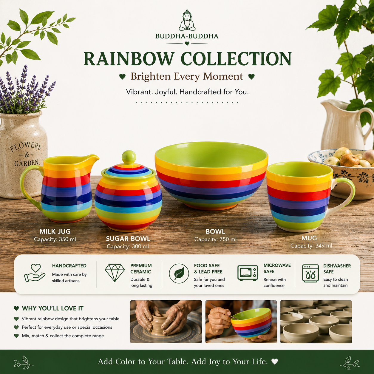 Wonderfully cheerful, happy and bright, this rainbow stripe ceramic bowl brightens up any home. The vibrant stripes are hand painted giving each piece individual character. Size: 15 x 7cmHandmade and Fairtrade from ThailandDishwasher and Microwave safeNote: As these bowls are hand painted slight variations in pattern and colour can occur.