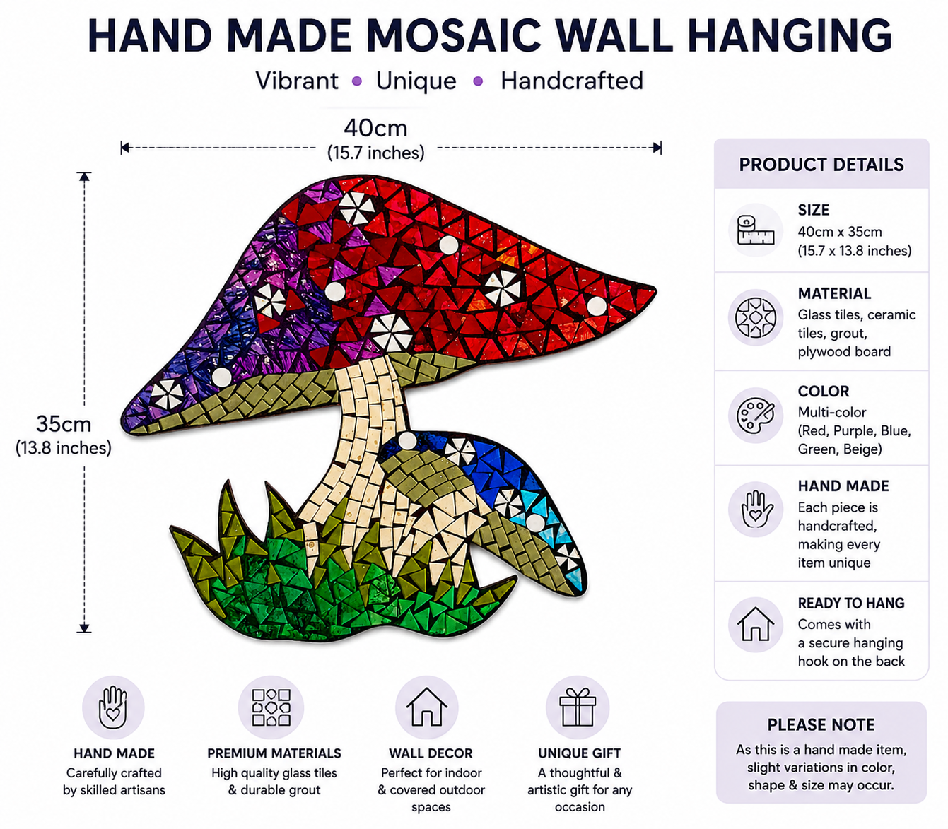 Mosaic Toadstool Plaque | Whimsical Mushroom Wall Art for Home Décor