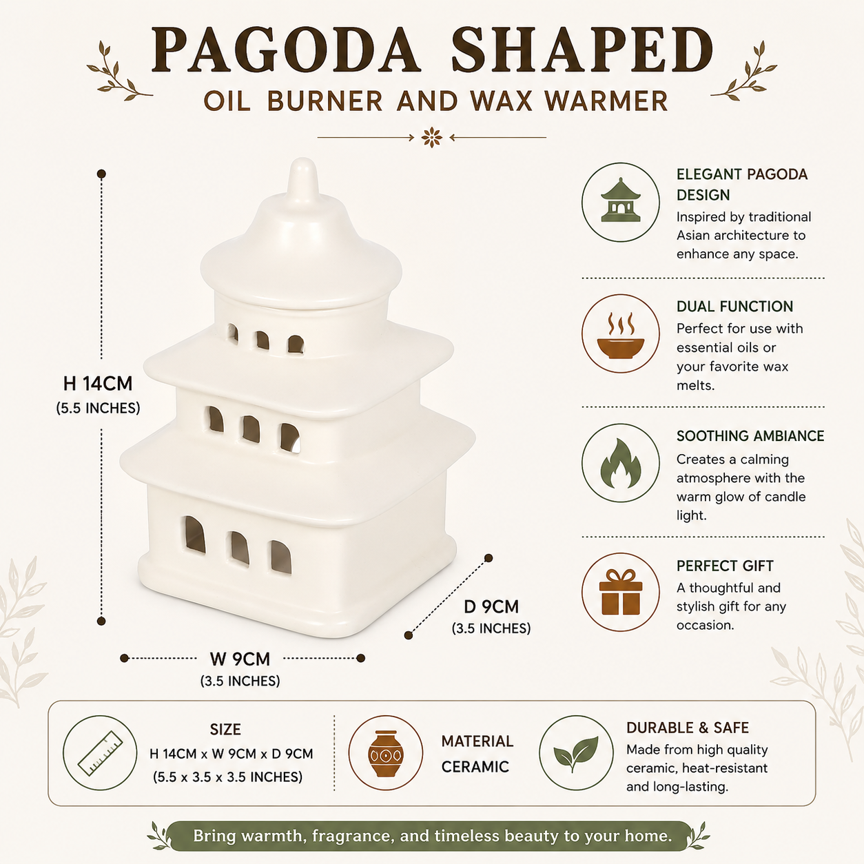 Japanese Pagoda Oil Burner & Wax Melt Warmer Ceramic Burner

Inspired by Japanese pagodas, this ceramic oil burner and wax melt warmer creates a calming atmosphere while filling your home with fragrance.