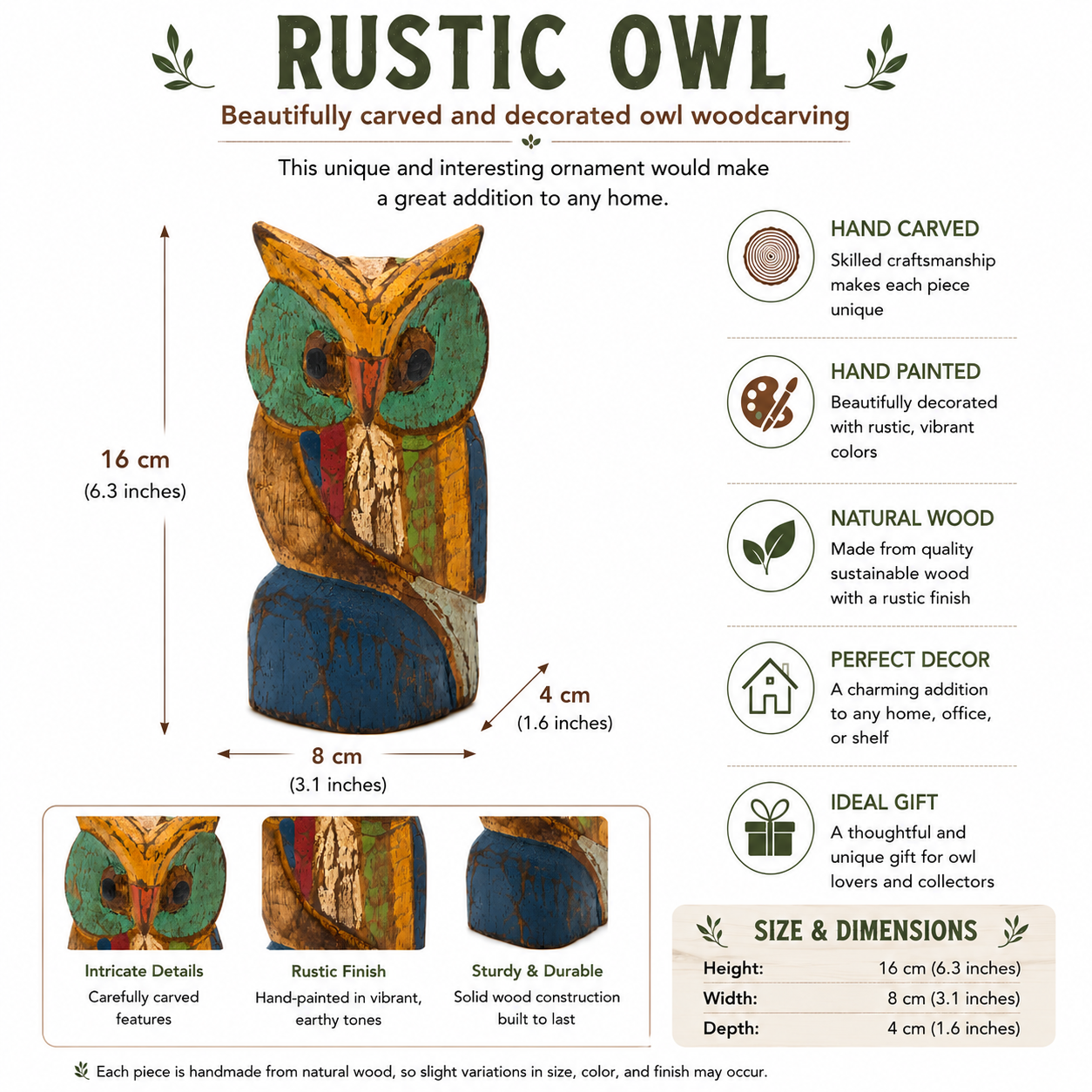Handmade Wooden Owl Ornament | Rustic Carved Owl Home Décor

Beautiful handmade wooden owl ornament with rustic colours. A unique carved owl decoration perfect for rustic home décor, gifts, and collectors.