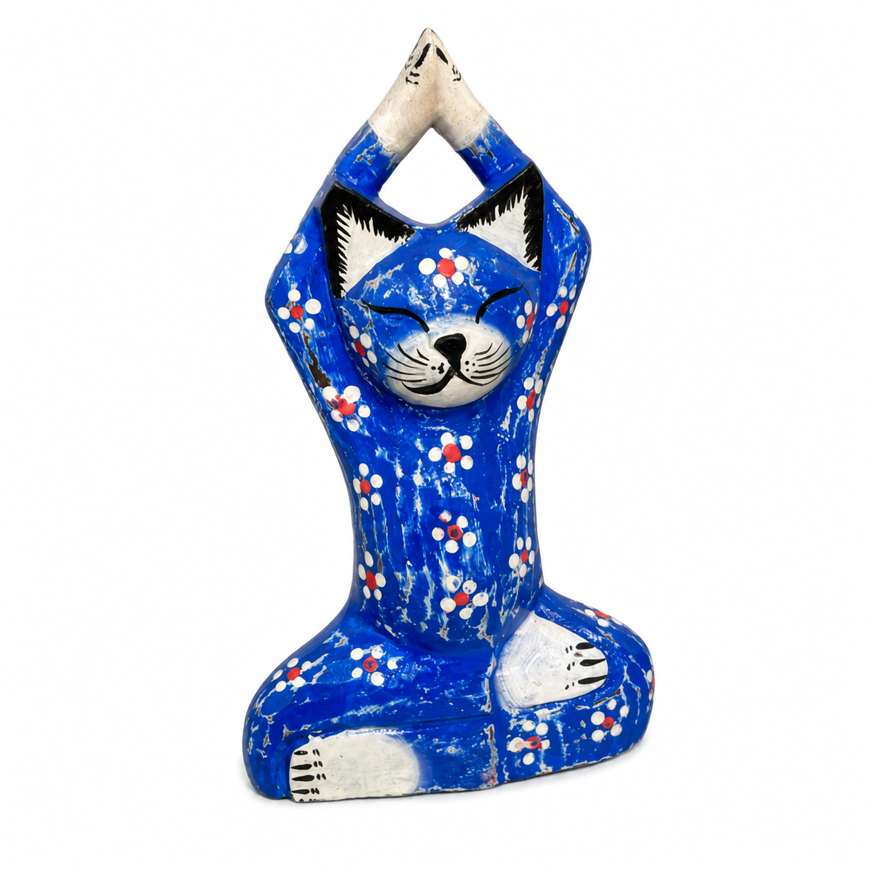 Handcrafted blue yogi cat statue with floral details and prayer pose. Perfect for yoga rooms, meditation spaces, home décor, and unique gifts.
