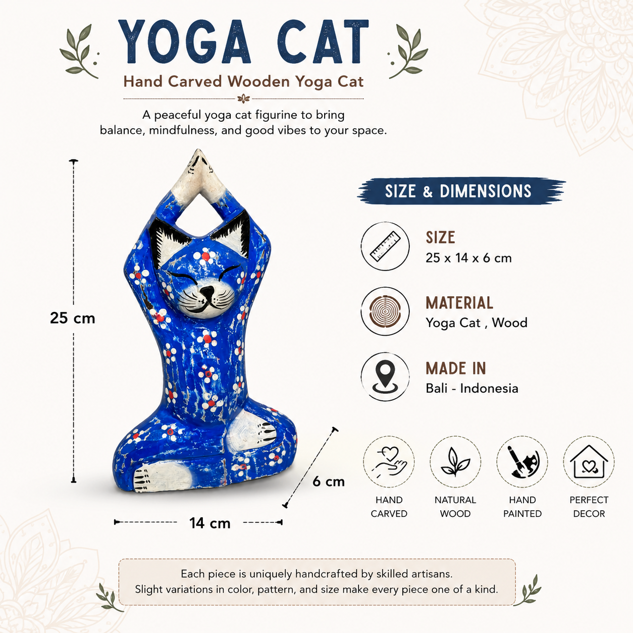 Handcrafted blue yogi cat statue with floral details and prayer pose. Perfect for yoga rooms, meditation spaces, home décor, and unique gifts.