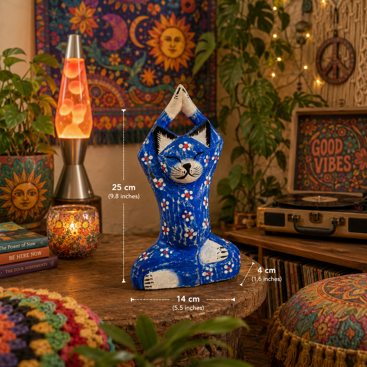Handcrafted blue yogi cat statue with floral details and prayer pose. Perfect for yoga rooms, meditation spaces, home décor, and unique gifts.