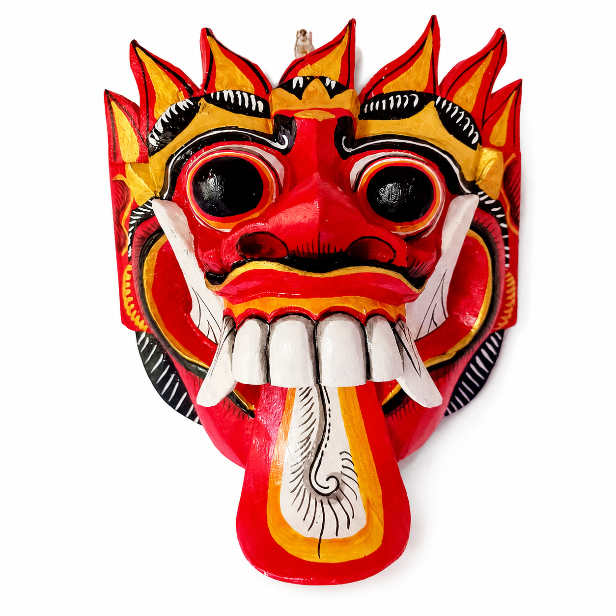 The Rangda mask is a traditional Balinese mask seen in the Barong dance. The mask depicts Rangda who is the queen of witches and represents the personification of all evil. She is depicted with a grotesque visage with protruding fangs, wild goggle eyes and long tongue. In the dance, she leads a terrifying army of witches against the forces of good and their leader, Barong.

Size: Approx: 23cm × 20cm
Handmade and Fairtrade from Bali